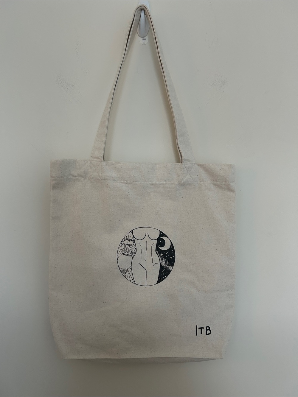 Tom’s Totes Belle Celestial Body Canvas Tote Bag Cream One Size Boho Sun Moon